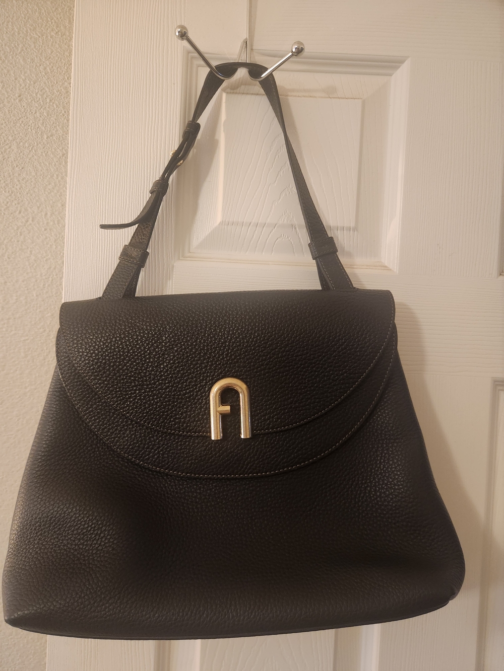 Furla Black Pebbled Leather Satchel with Gold Logo